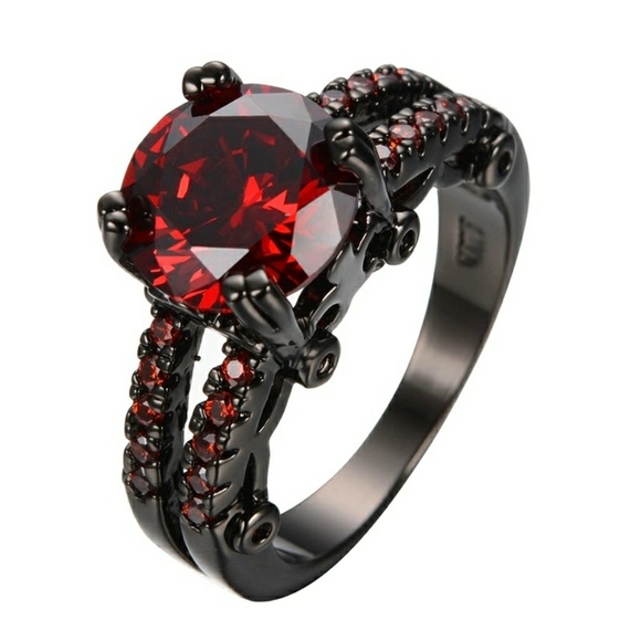 Vintage Gothic Style Red CZ Black Gold Ring - Picture 1 of 6